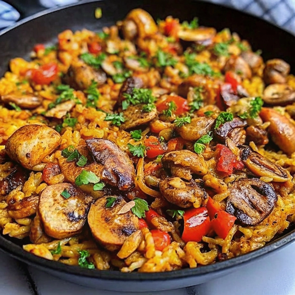 Vegan Paella With Mixed Mushrooms in a paella pan
