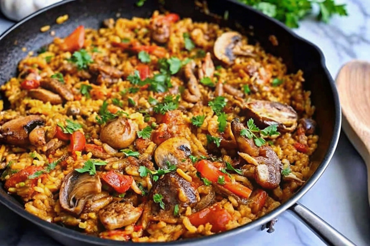 Vegan Paella With Mixed Mushrooms in a paella pan