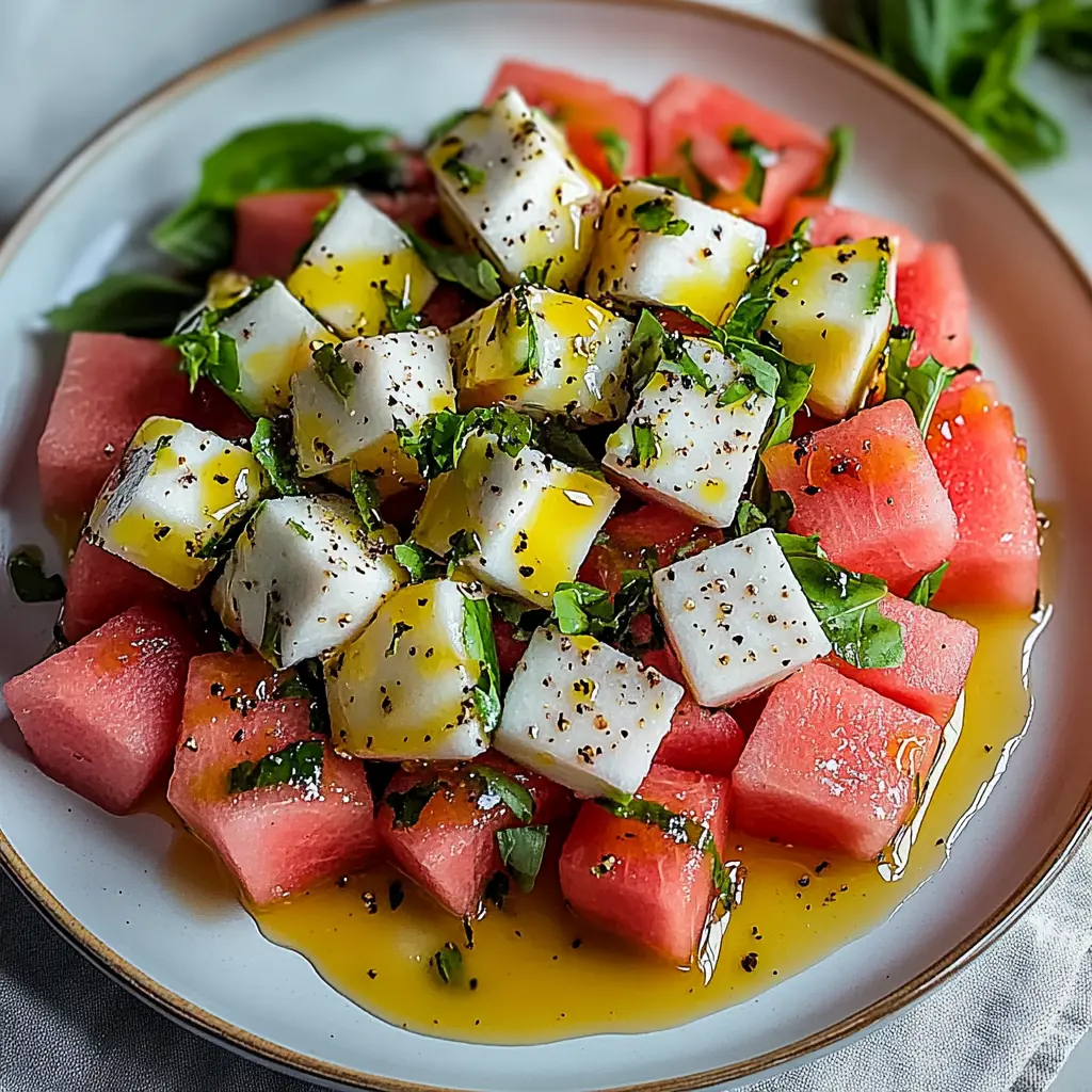 A vibrant bowl of Watermelon Salad Recipe with feta, mint, and cucumber