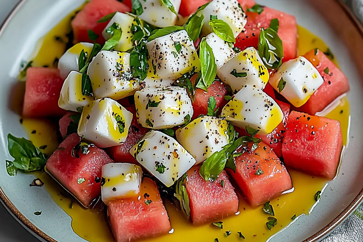 A vibrant bowl of watermelon salad recipe with feta, mint, and cucumber