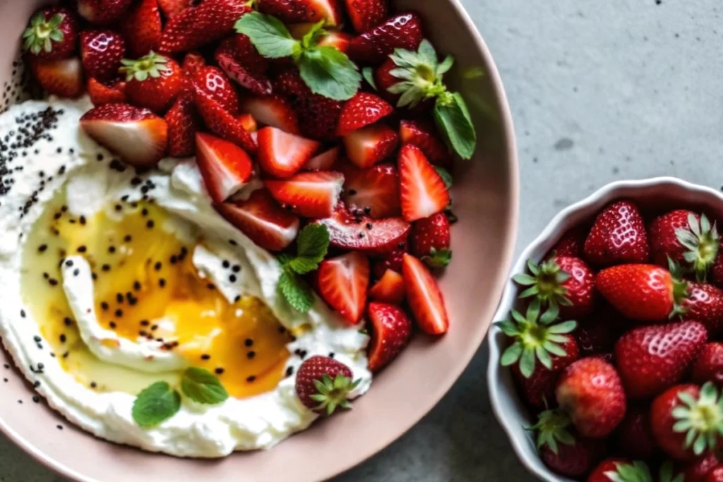 Whipped feta topped with roasted strawberries on a wooden board