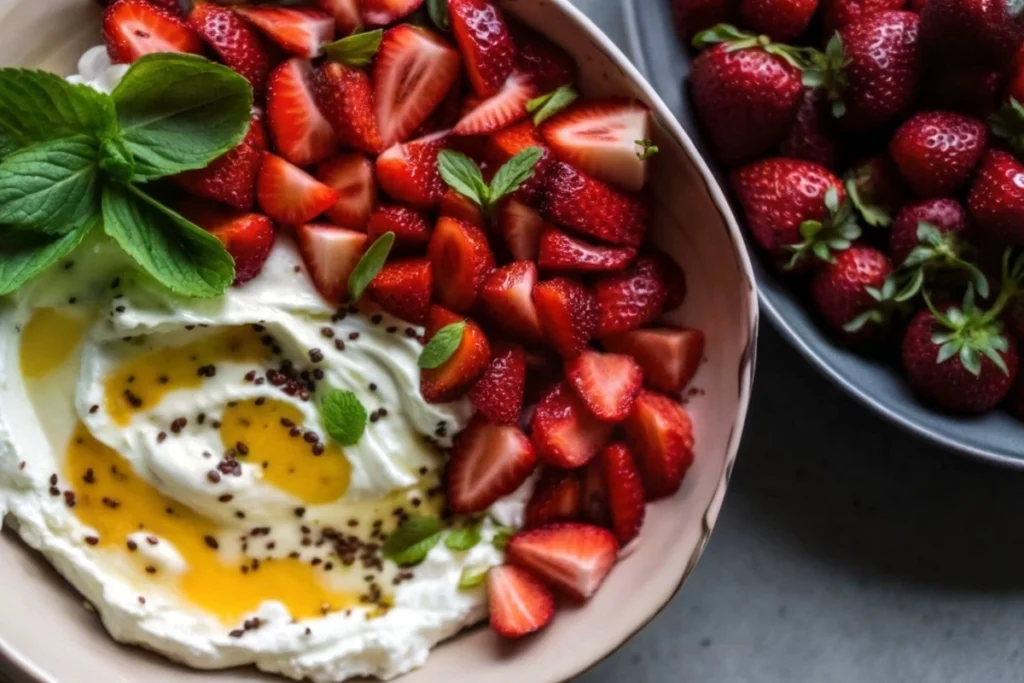 Whipped feta topped with roasted strawberries on a wooden board