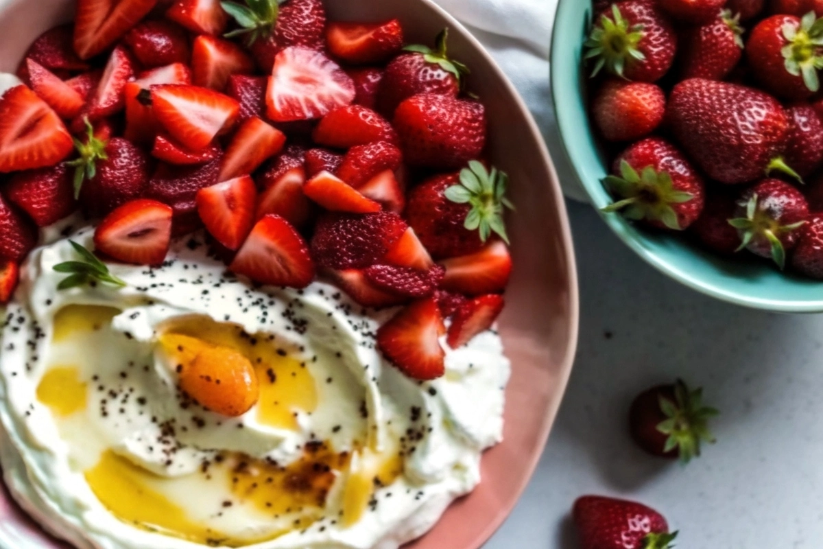 Whipped feta topped with roasted strawberries on a wooden board