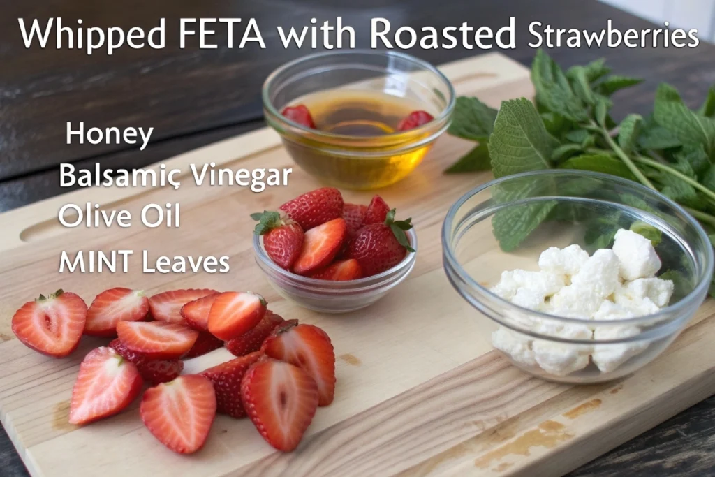 Whipped feta topped with roasted strawberries on a wooden board