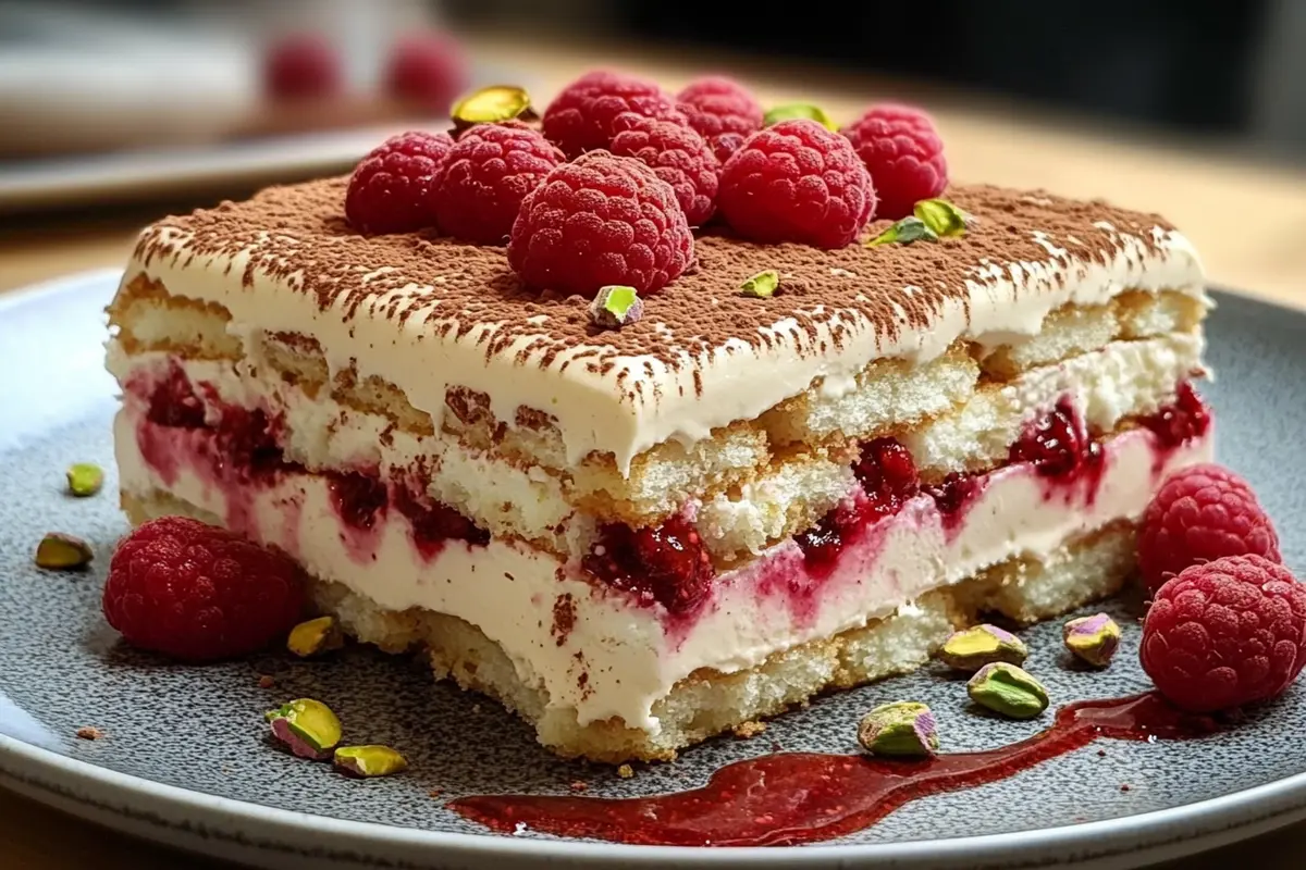 White Chocolate Raspberry and Pistachio Tiramisu in glass dish