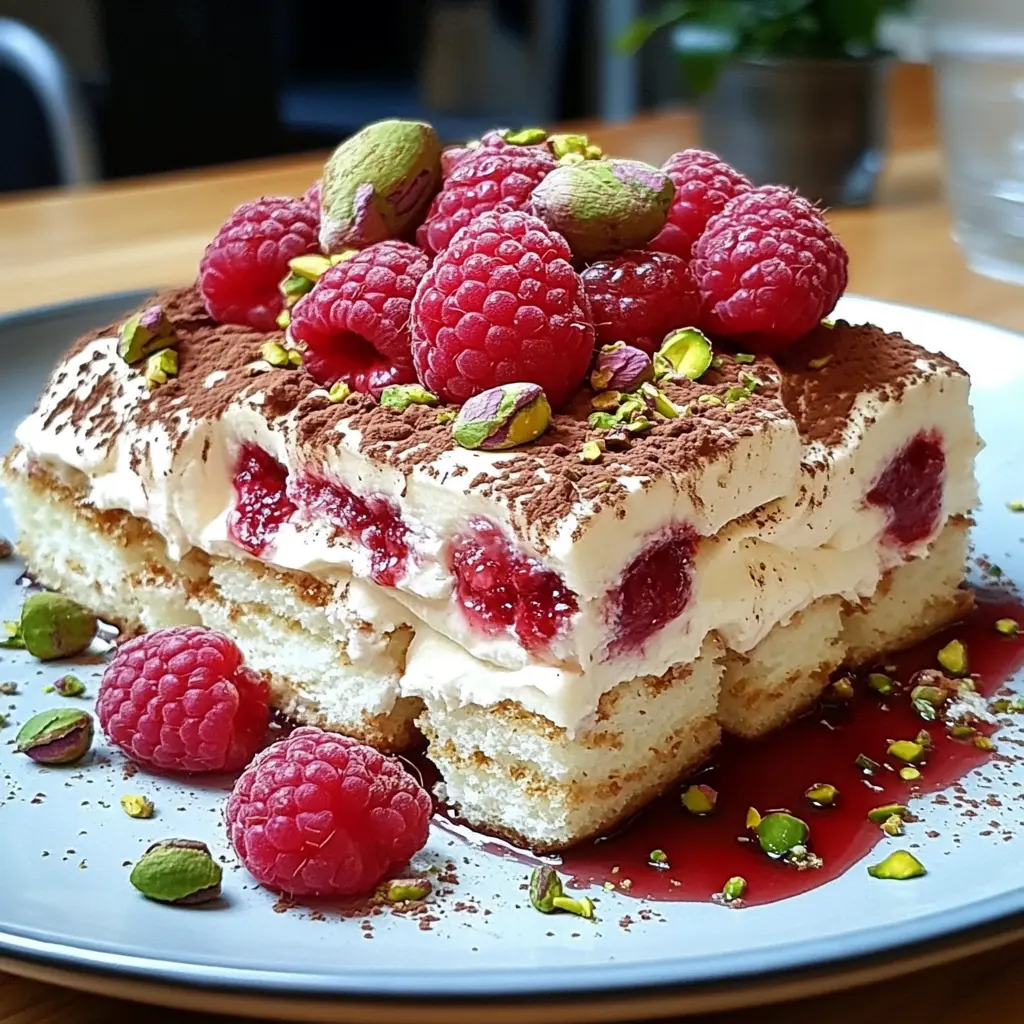 White Chocolate Raspberry and Pistachio Tiramisu in glass dish