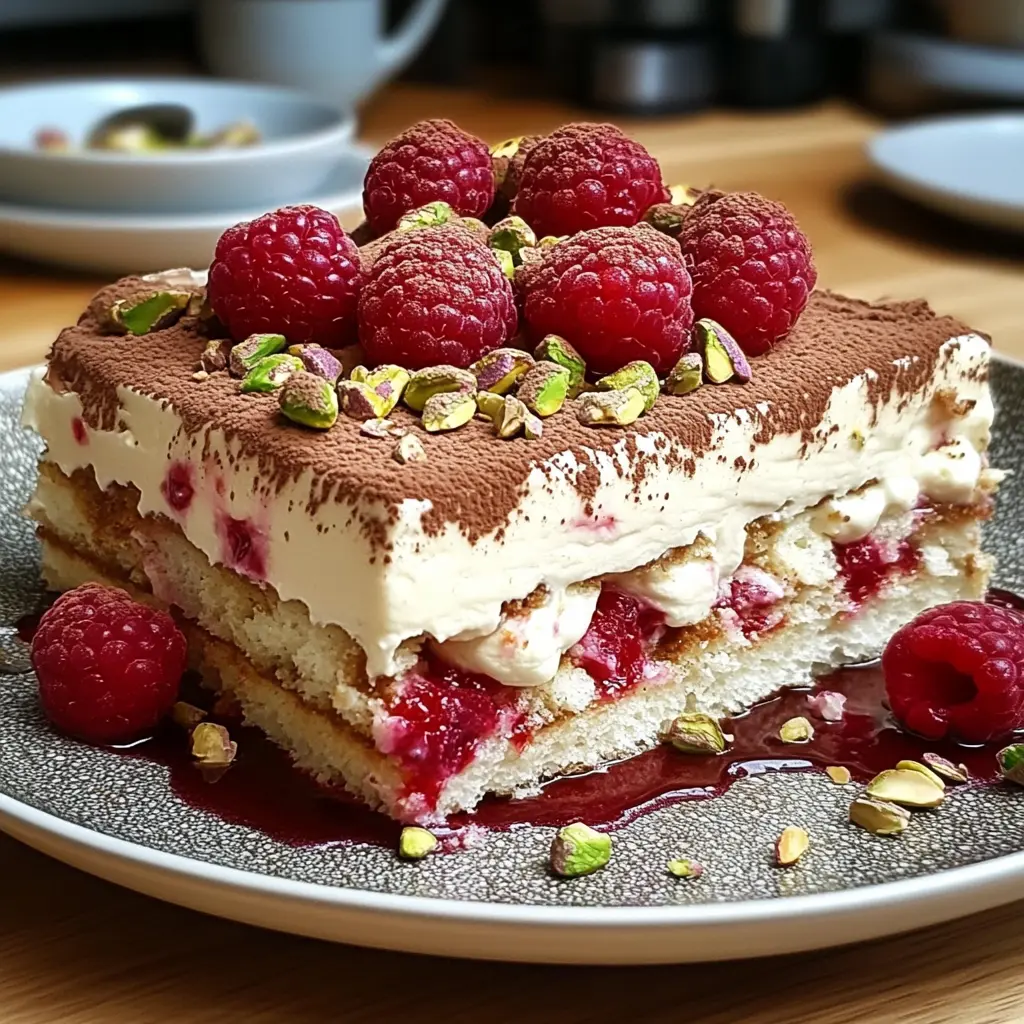White Chocolate Raspberry and Pistachio Tiramisu in glass dish