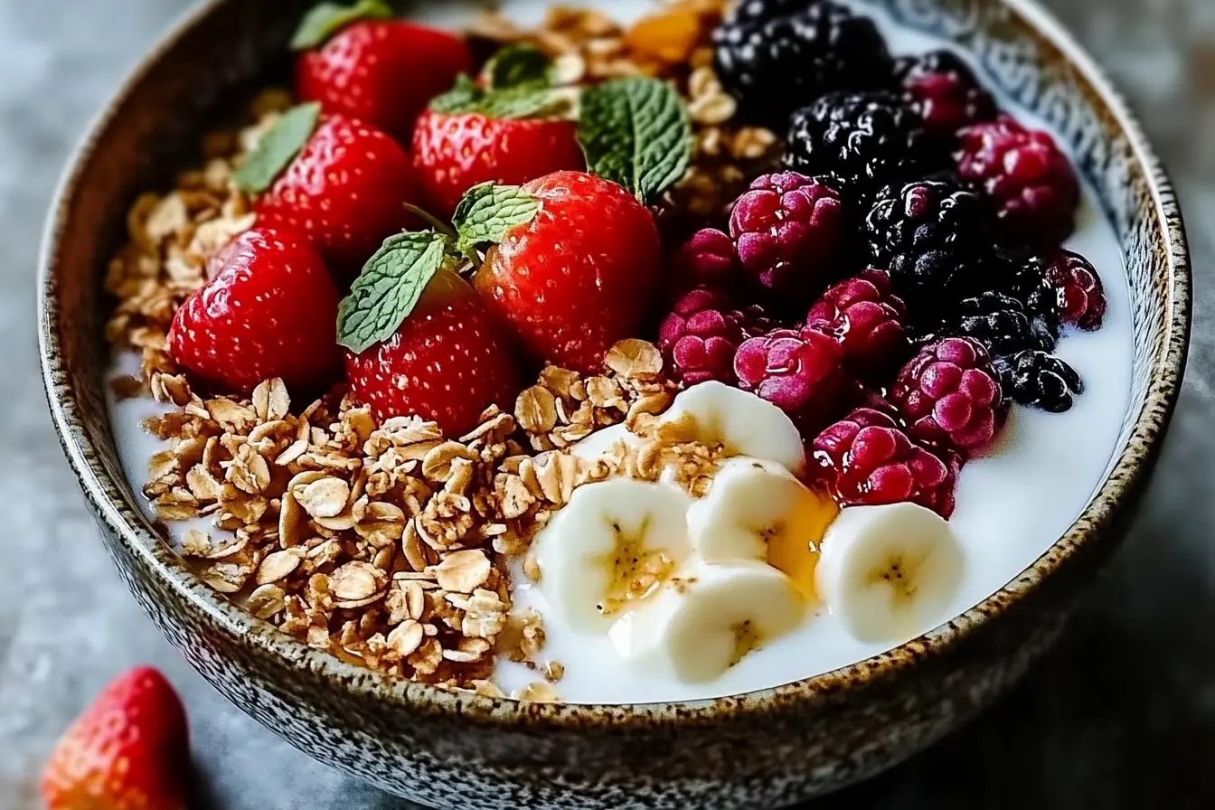 Vibrant Yogurt Bowl topped with mixed berries, granola, and seeds