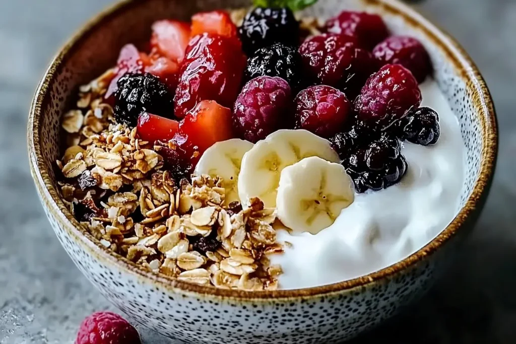 Vibrant Yogurt Bowl topped with mixed berries, granola, and seeds
