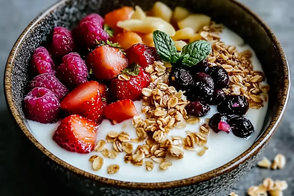 Vibrant Yogurt Bowl topped with mixed berries, granola, and seeds