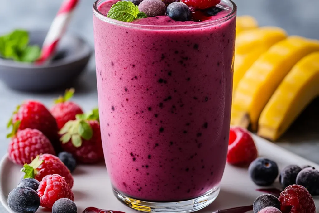Creamy berry smoothie without yogurt in a glass, garnished with fresh berries
berry smoothie recipe without yogurt