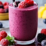 Creamy berry smoothie without yogurt in a glass, garnished with fresh berries