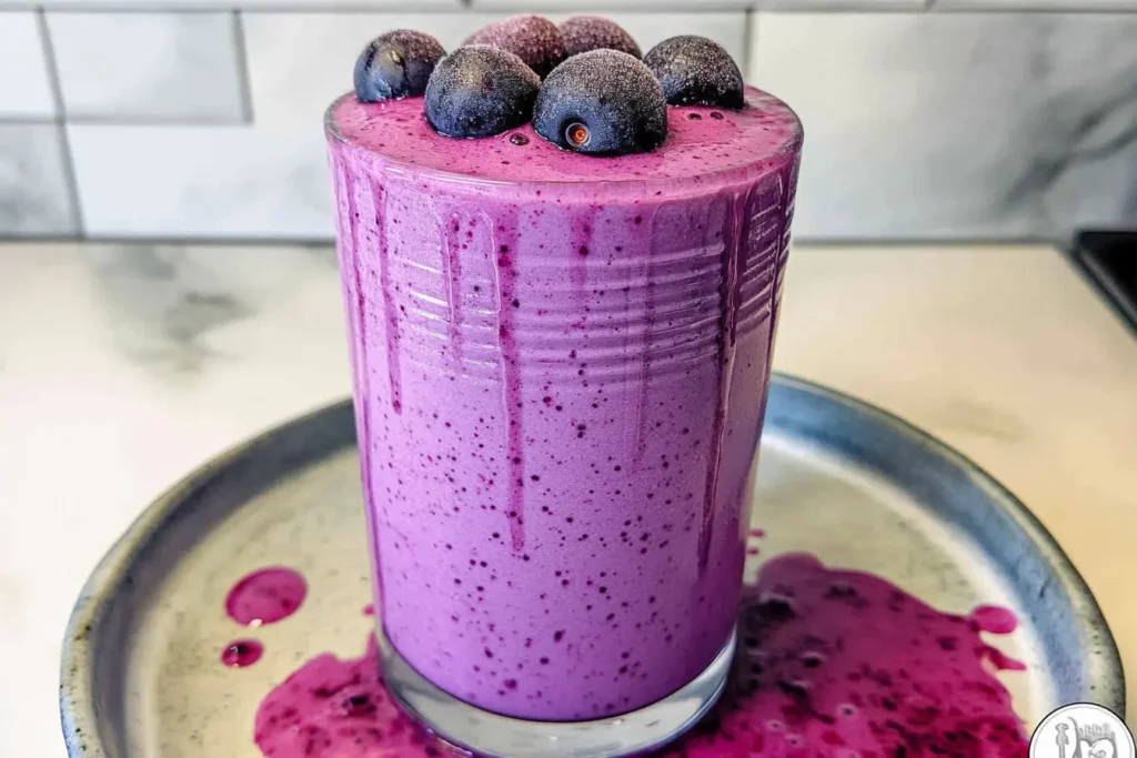Creamy berry smoothie without yogurt in a glass, garnished with fresh berries
berry smoothie recipe without yogurt