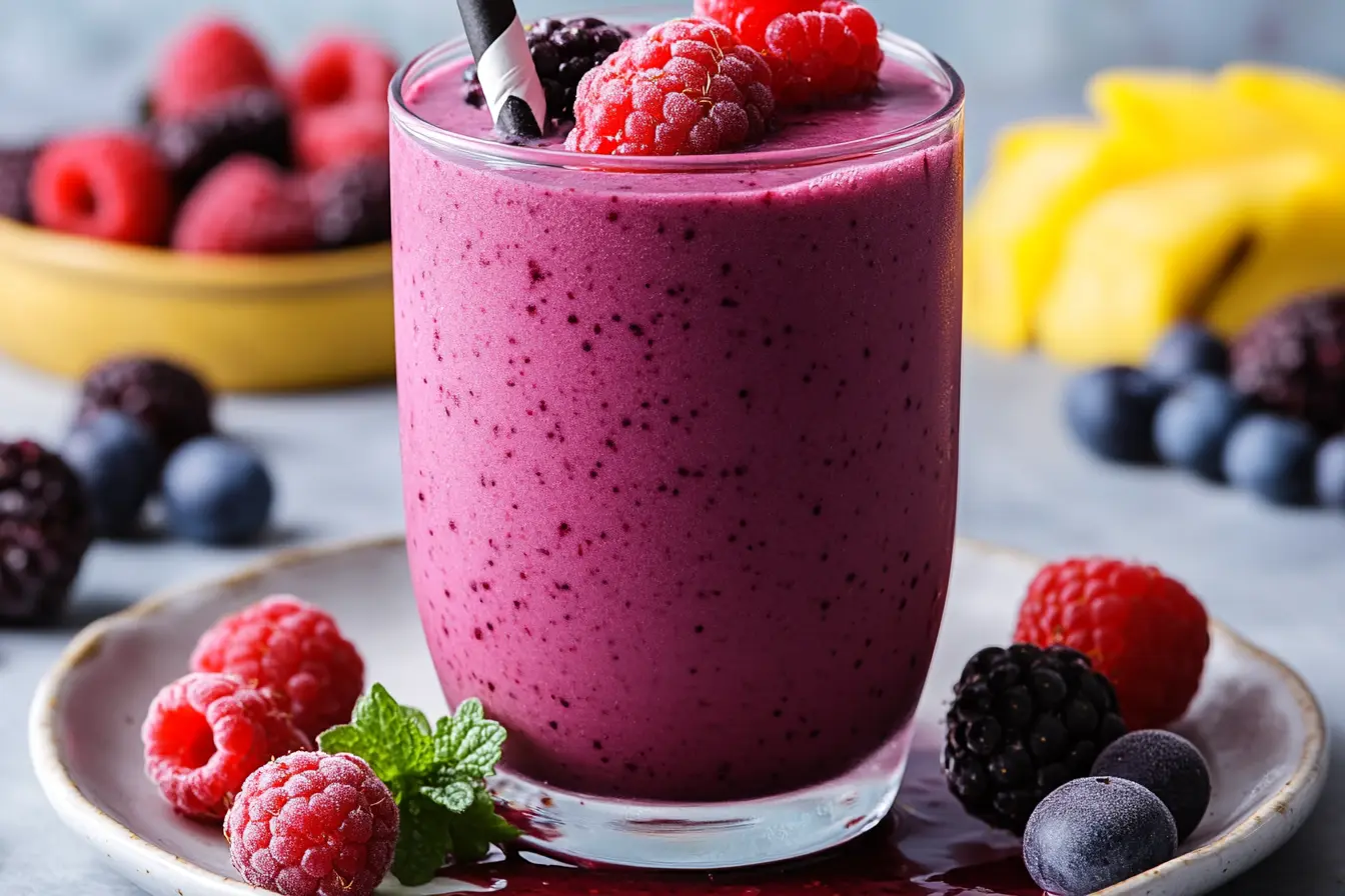 Creamy berry smoothie without yogurt in a glass, garnished with fresh berries
