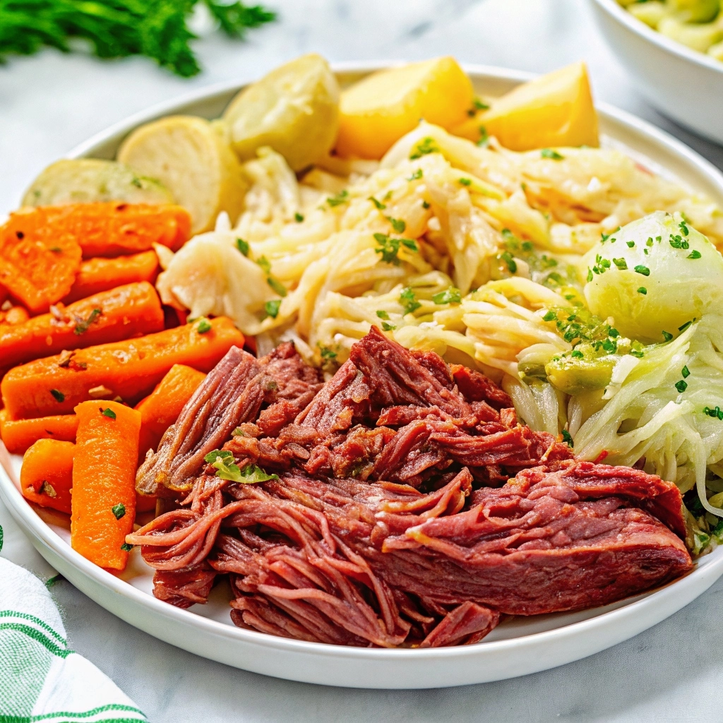 Tender slices of corned beef served with vibrant cabbage wedges, carrots, and potatoes on a rustic platter.
Corned beef and cabbage recipe