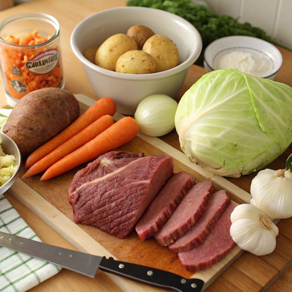 Tender slices of corned beef served with vibrant cabbage wedges, carrots, and potatoes on a rustic platter.
Corned beef and cabbage recipe