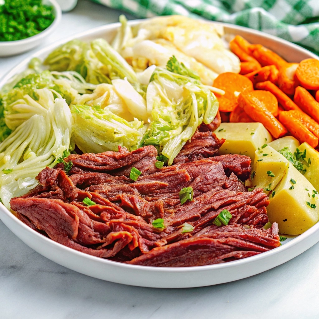 Tender slices of corned beef served with vibrant cabbage wedges, carrots, and potatoes on a rustic platter.
Corned beef and cabbage recipe