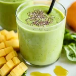 Glass of vibrant green detox smoothie garnished with berries