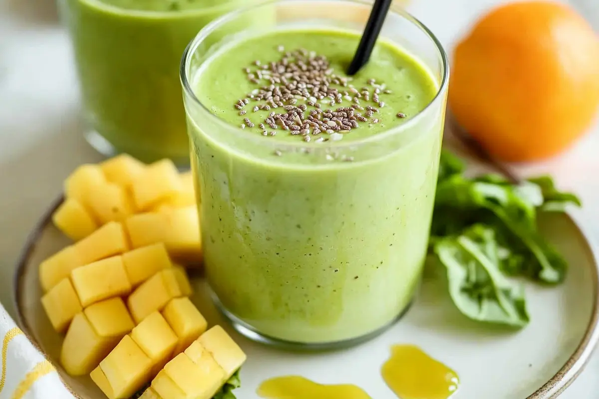 Glass of vibrant green detox smoothie garnished with berries
