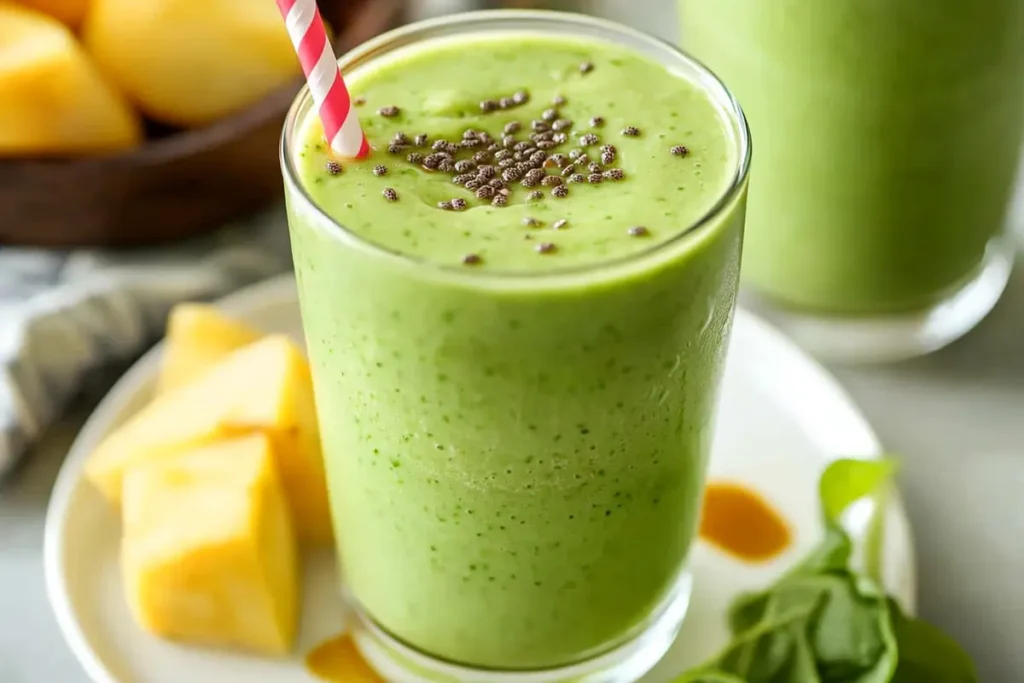 Glass of vibrant green detox smoothie garnished with berries
detox smoothie recipe