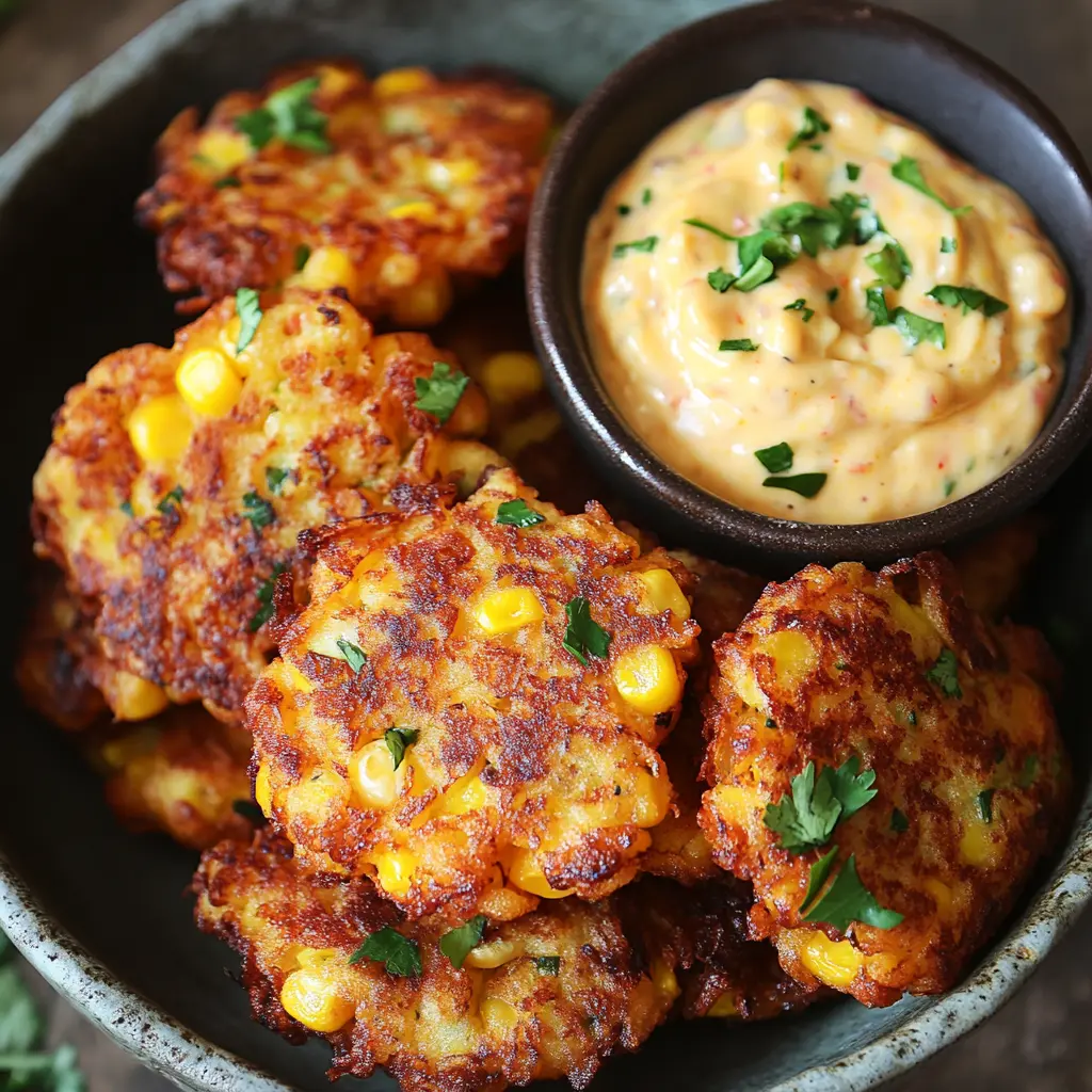 Crispy sweet corn fritters with a dollop of spicy aioli