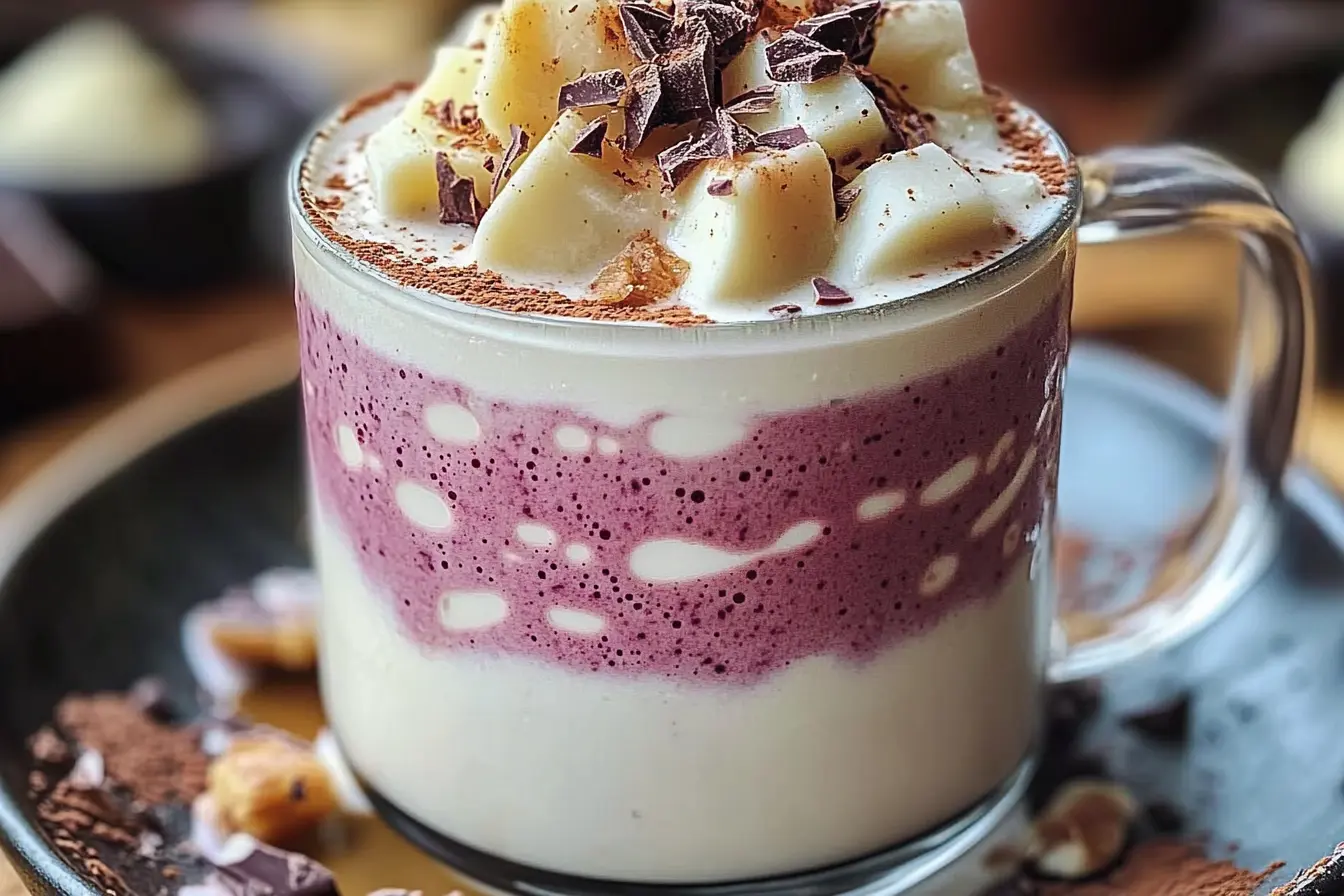 A steaming mug of creamy white hot chocolate topped with whipped cream and shaved white chocolate