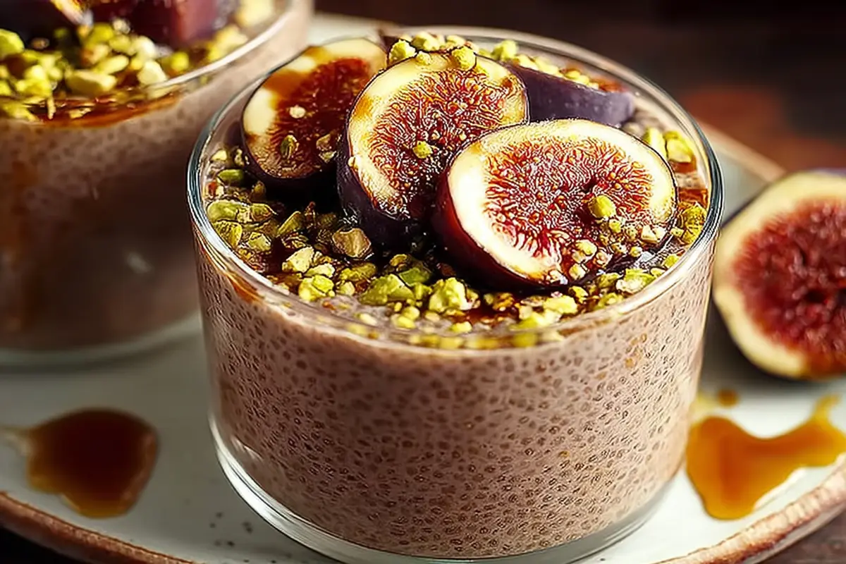 Chia pudding layered with fresh figs and a drizzle of honey in a glass jar Chia Pudding with Figs and Honey