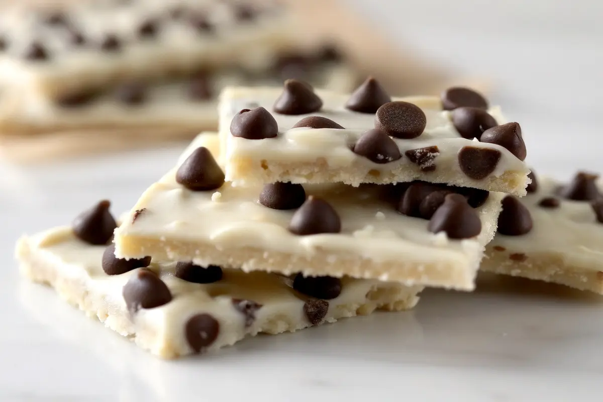 Chocolate chip frozen yogurt cookie dough bark on parchment paper, topped with mini chocolate chips and cookie dough chunks