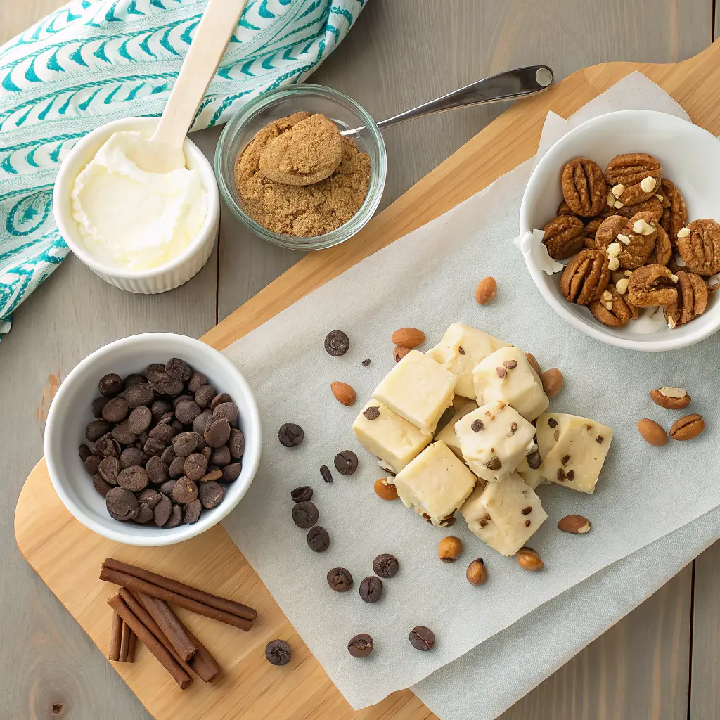 Chocolate chip frozen yogurt cookie dough bark on parchment paper, topped with mini chocolate chips and cookie dough chunks