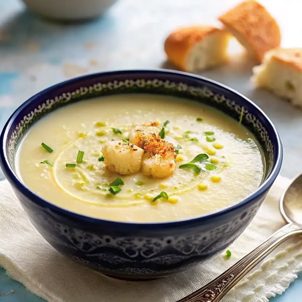 A bowl of creamy vegan celeriac soup garnished with herbs and a drizzle of oil