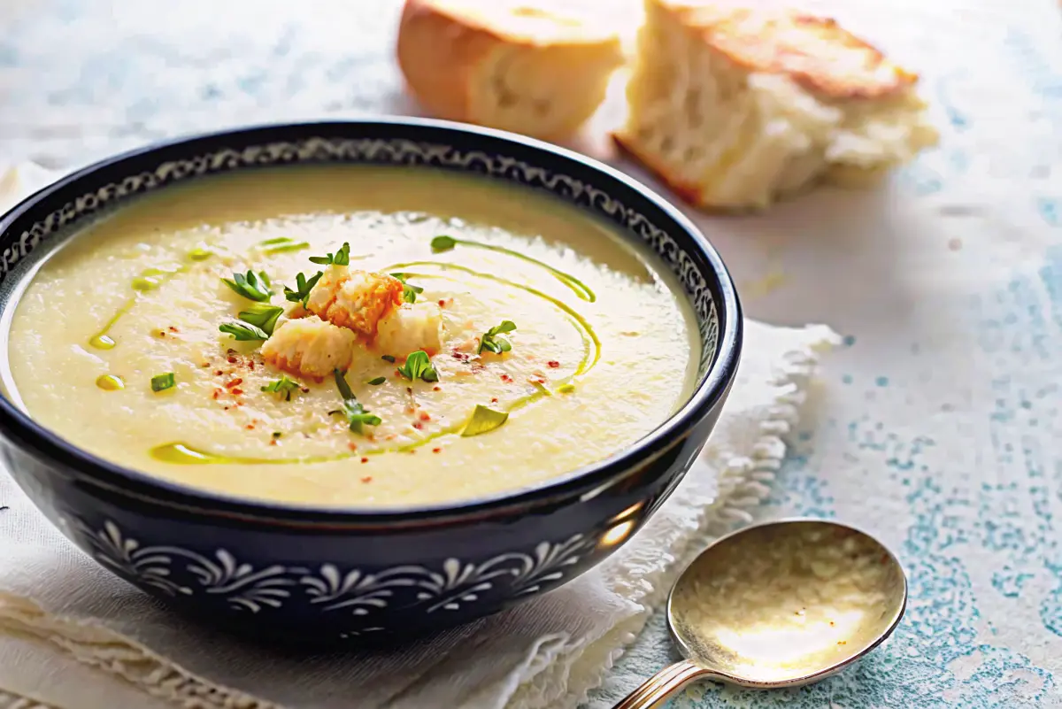 A bowl of creamy vegan celeriac soup garnished with herbs and a drizzle of oil
