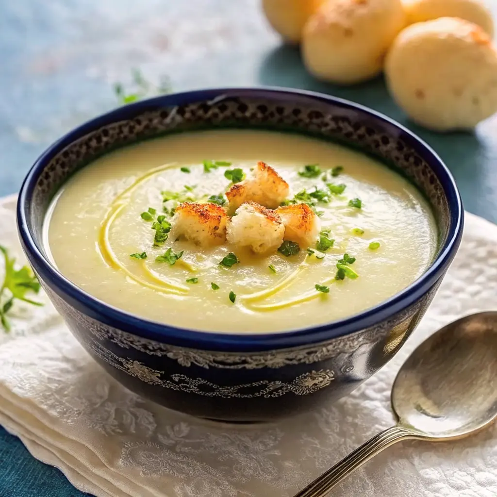 A bowl of creamy vegan celeriac soup garnished with herbs and a drizzle of oil