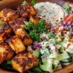 Crispy Tofu Bowl with Summer Slaw Crispy tofu cubes atop a colorful summer slaw with sesame dressing