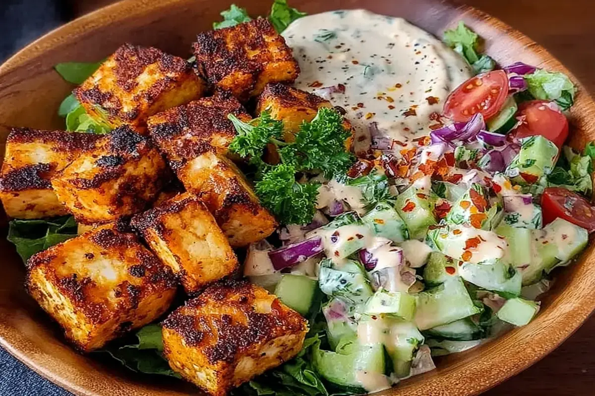 Crispy Tofu Bowl with Summer Slaw Crispy tofu cubes atop a colorful summer slaw with sesame dressing