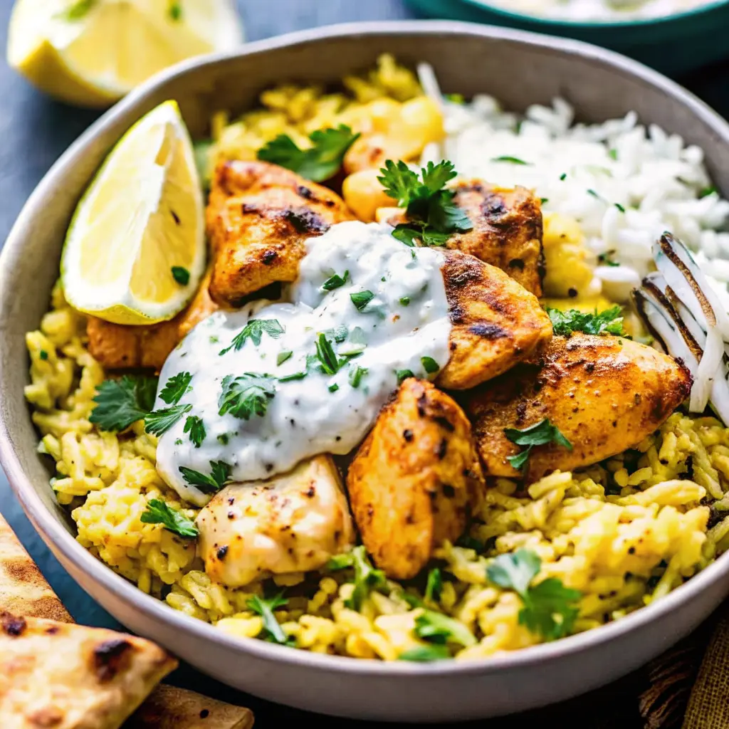 Dump and Bake Chicken Tzatziki Rice
Baked Greek chicken with rice and creamy tzatziki sauce in a white casserole dish