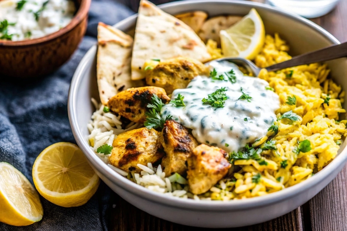 Baked Greek chicken with rice and creamy tzatziki sauce in a white casserole dish Dump and Bake Chicken Tzatziki Rice