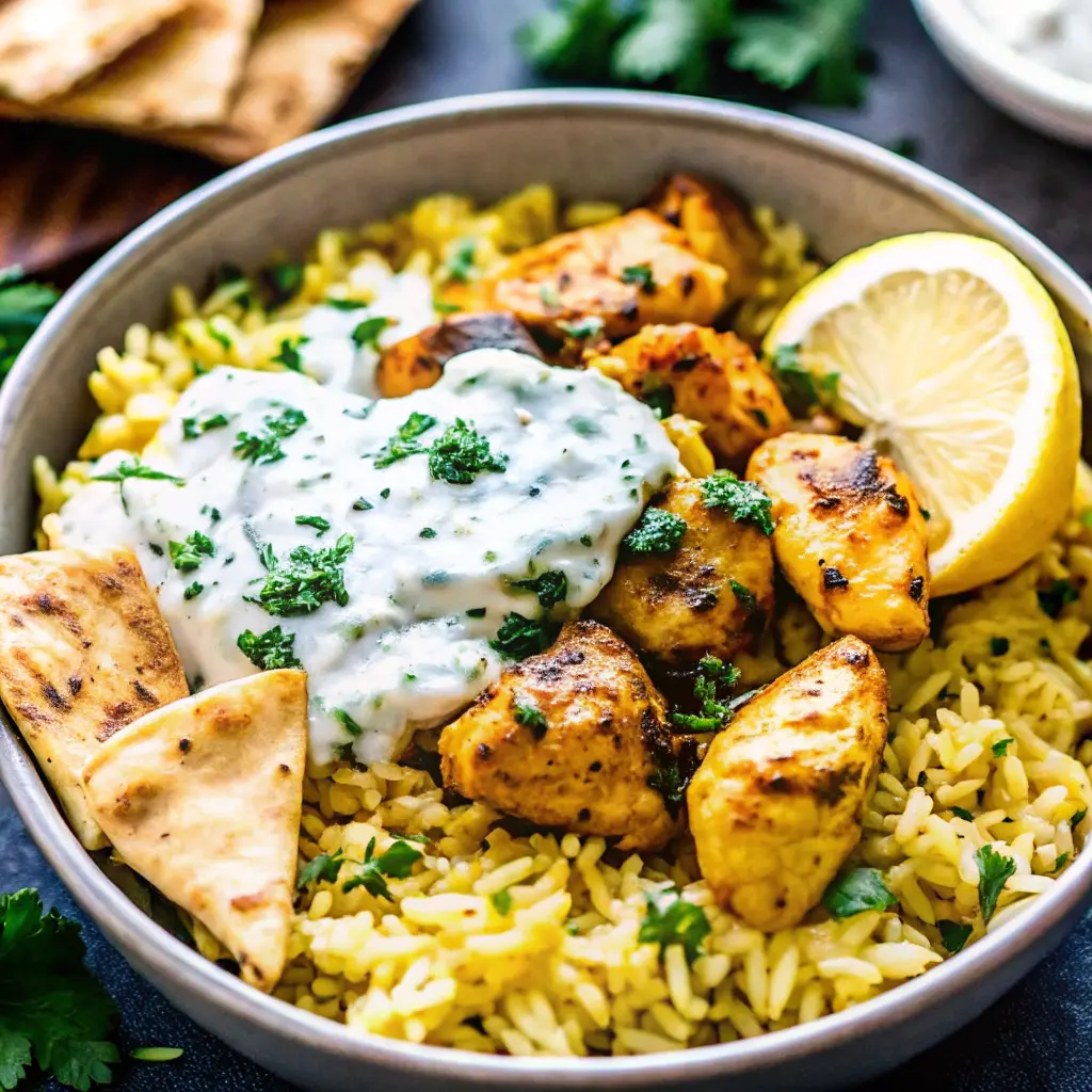Baked Greek chicken with rice and creamy tzatziki sauce in a white casserole dish