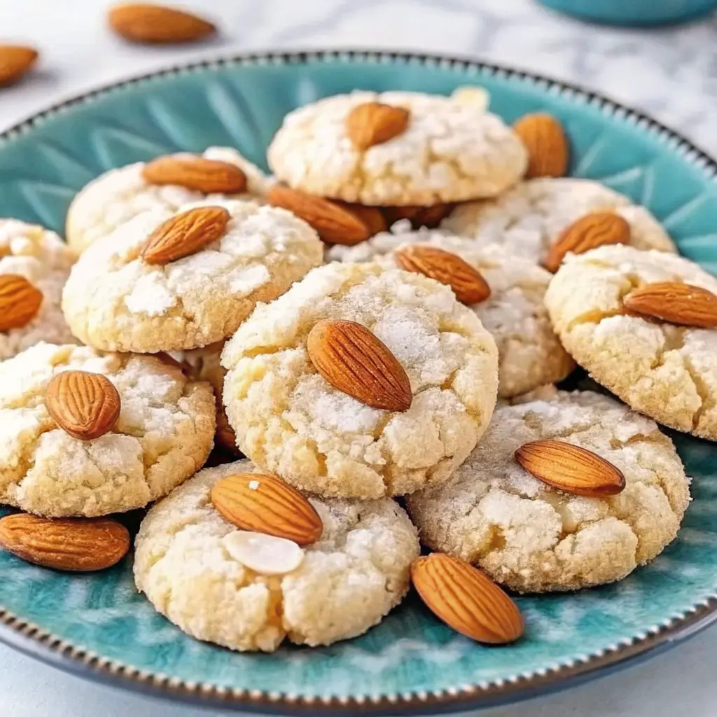 Soft and buttery almond cookies stacked on a plate
