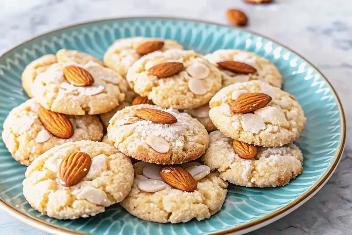 Soft and buttery almond cookies stacked on a plate
