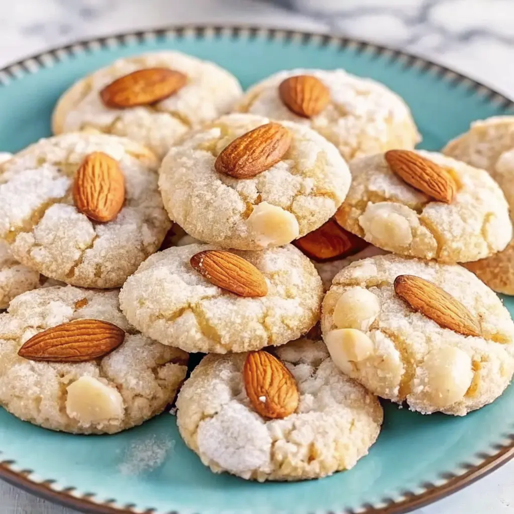 Soft and buttery almond cookies stacked on a plate