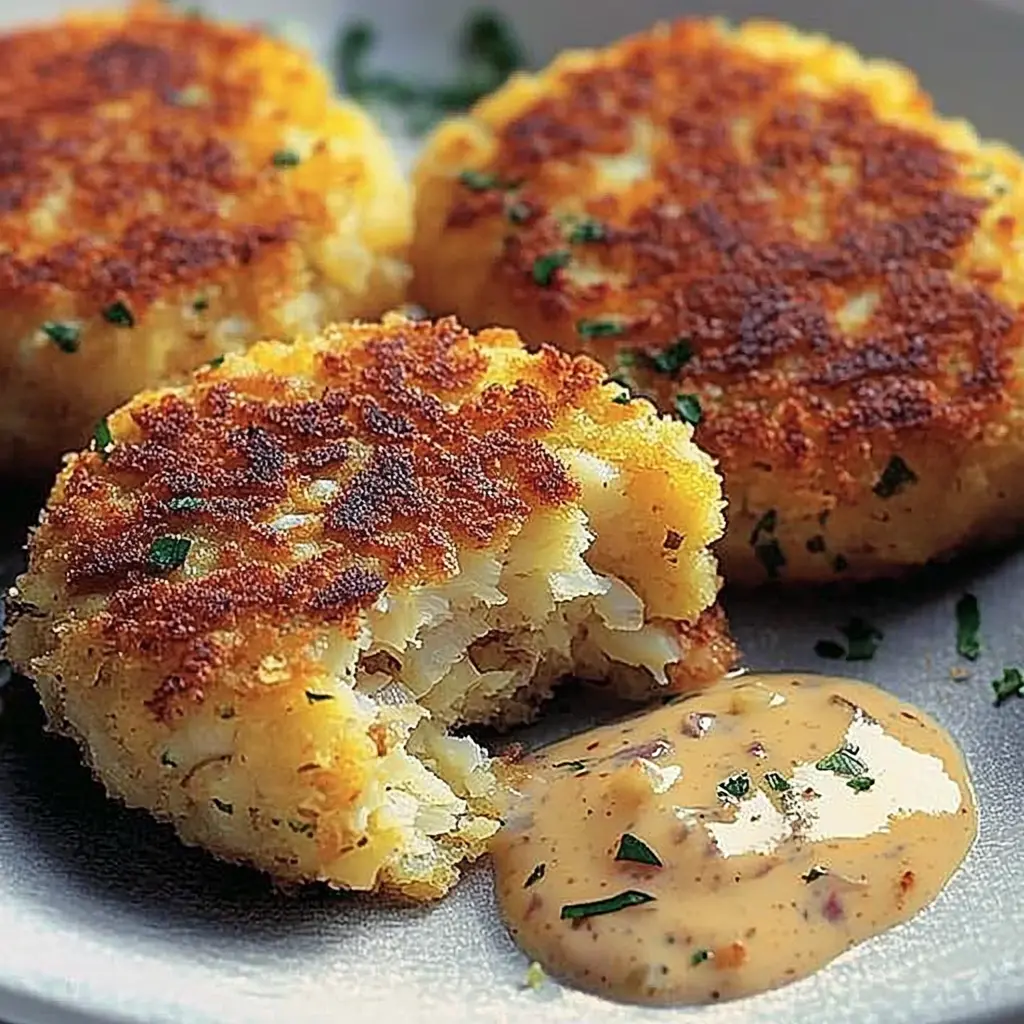 Fish Cakes with Tartar Sauce
Golden-brown fish cakes served with a bowl of creamy tartar sauce