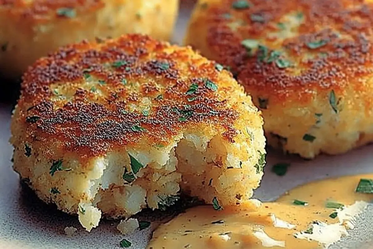 Golden-brown fish cakes served with a bowl of creamy tartar sauce