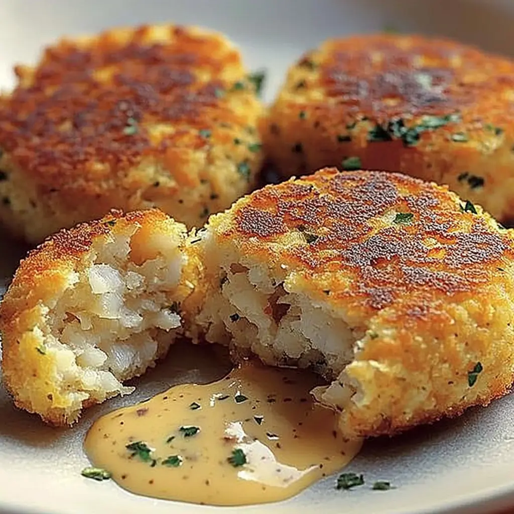 Golden-brown fish cakes served with a bowl of creamy tartar sauce
Fish Cakes with Tartar Sauce