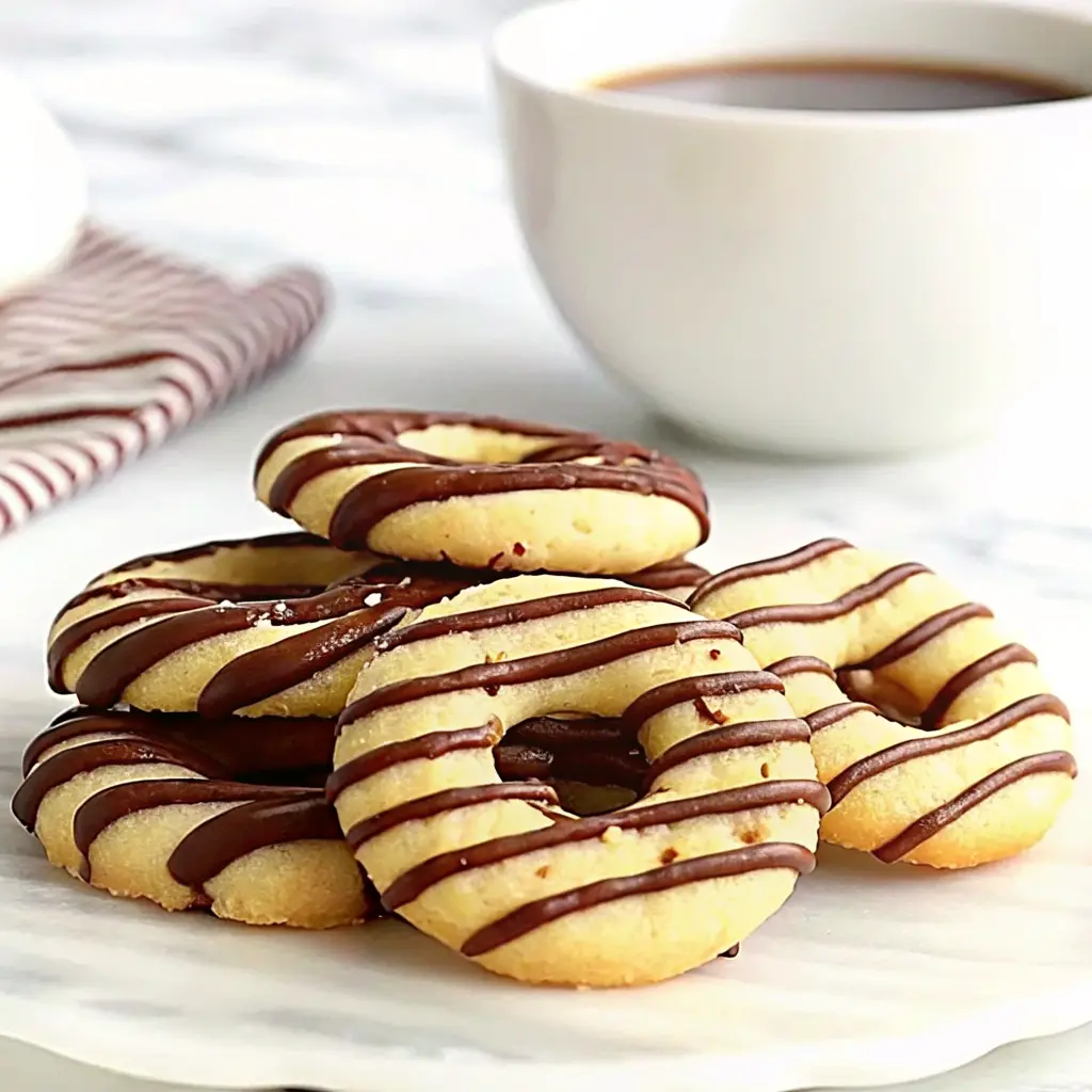 Fudge stripe cookies stacked on a plate with glossy chocolate stripes