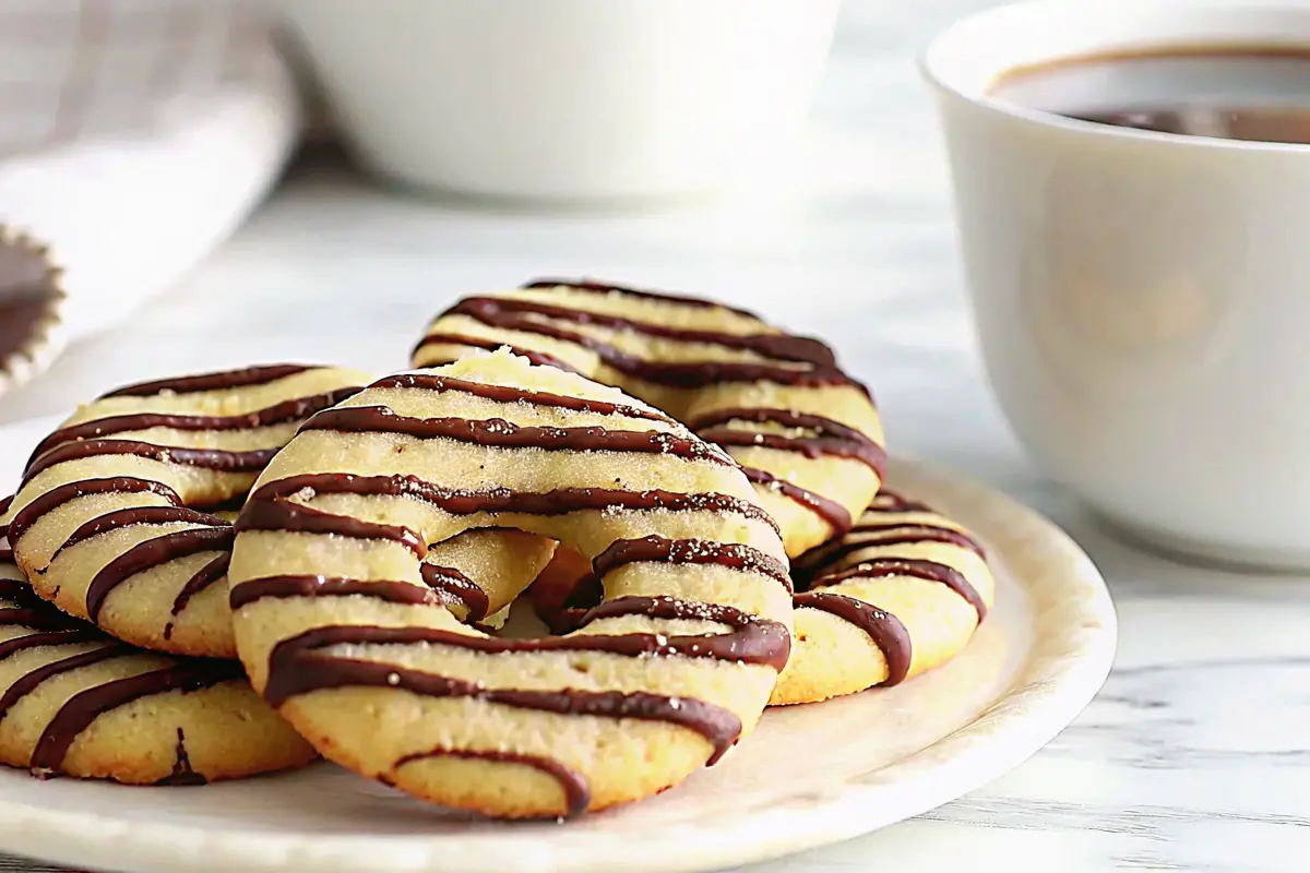 Fudge stripe cookies stacked on a plate with glossy chocolate stripes
