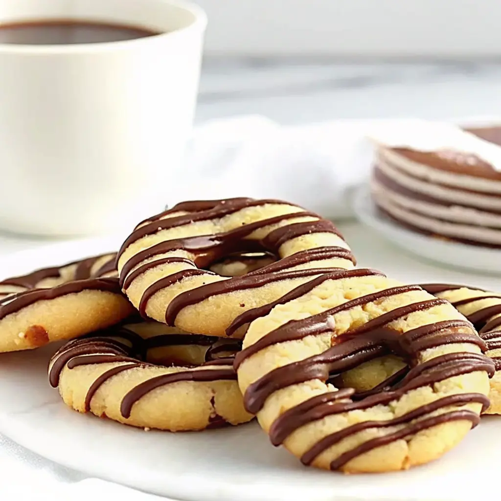 Fudge stripe cookies stacked on a plate with glossy chocolate stripes