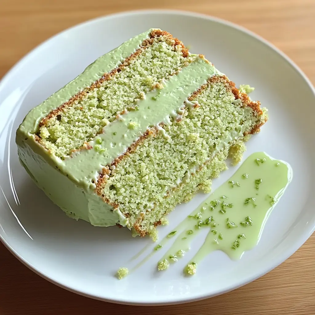Slice of green lime cake with glossy lime glaze and fresh lime zest