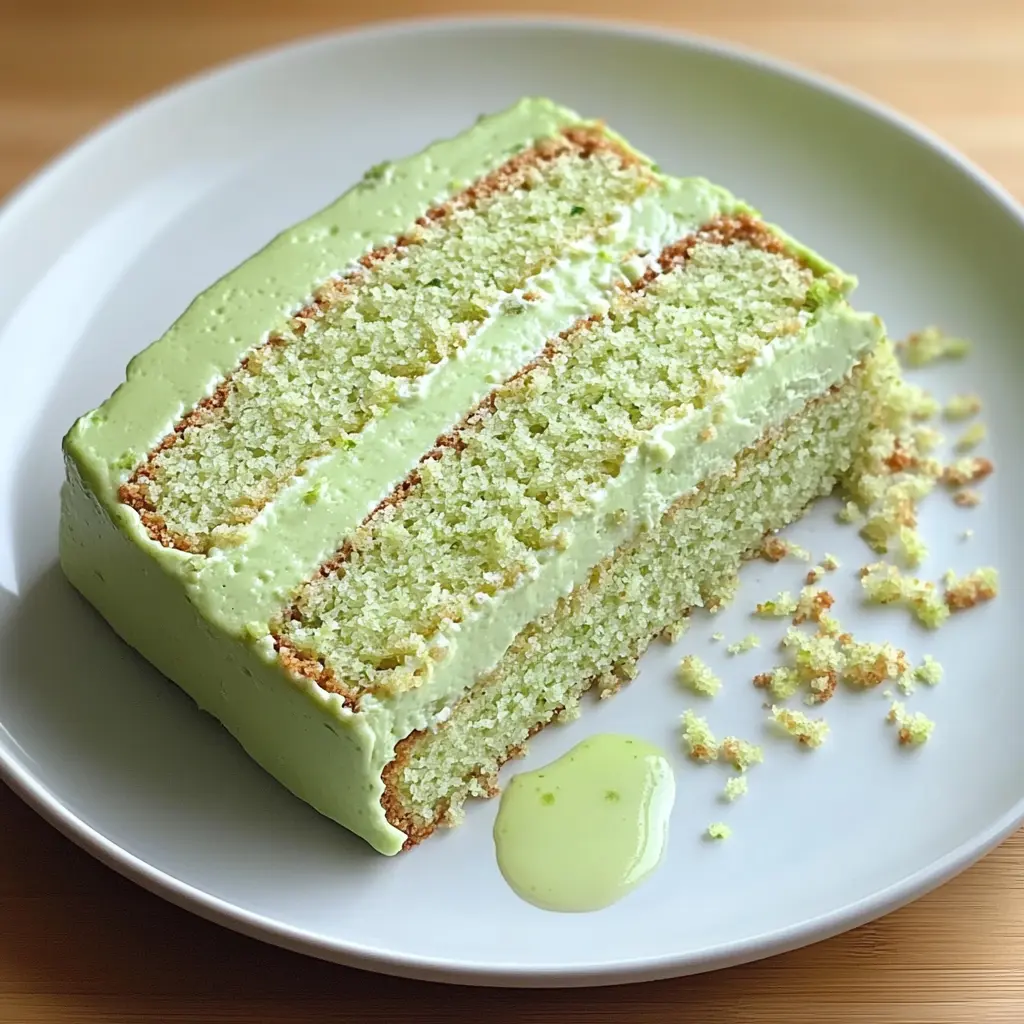 Slice of green lime cake with glossy lime glaze and fresh lime zest