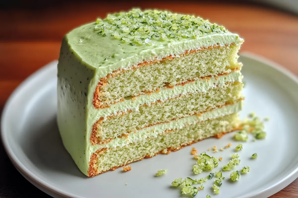 Slice of green lime cake with glossy lime glaze and fresh lime zest