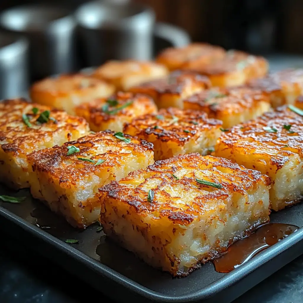 golden homemade hash browns stacked on a plate
